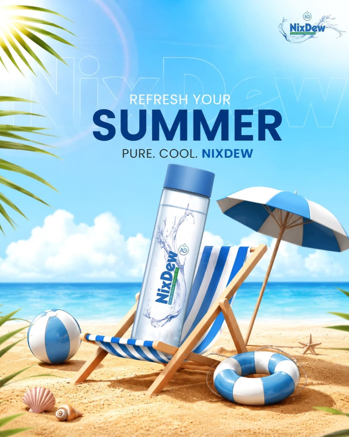 NixDew summer campaign with a bottle on a beach chair