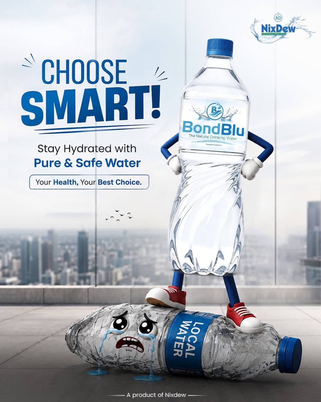 BondBlu campaign contrasting pure water with a local bottle