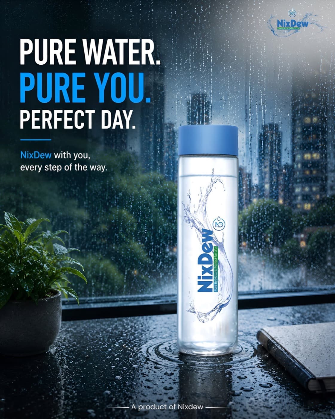 NixDew bottle on a rainy windowsill