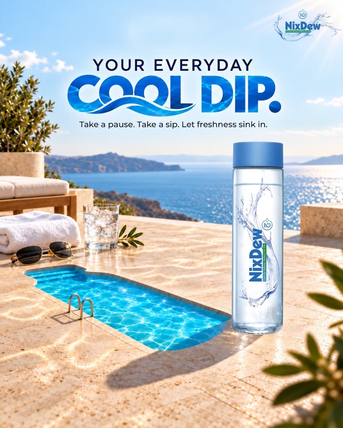 NixDew bottle beside a terrace pool