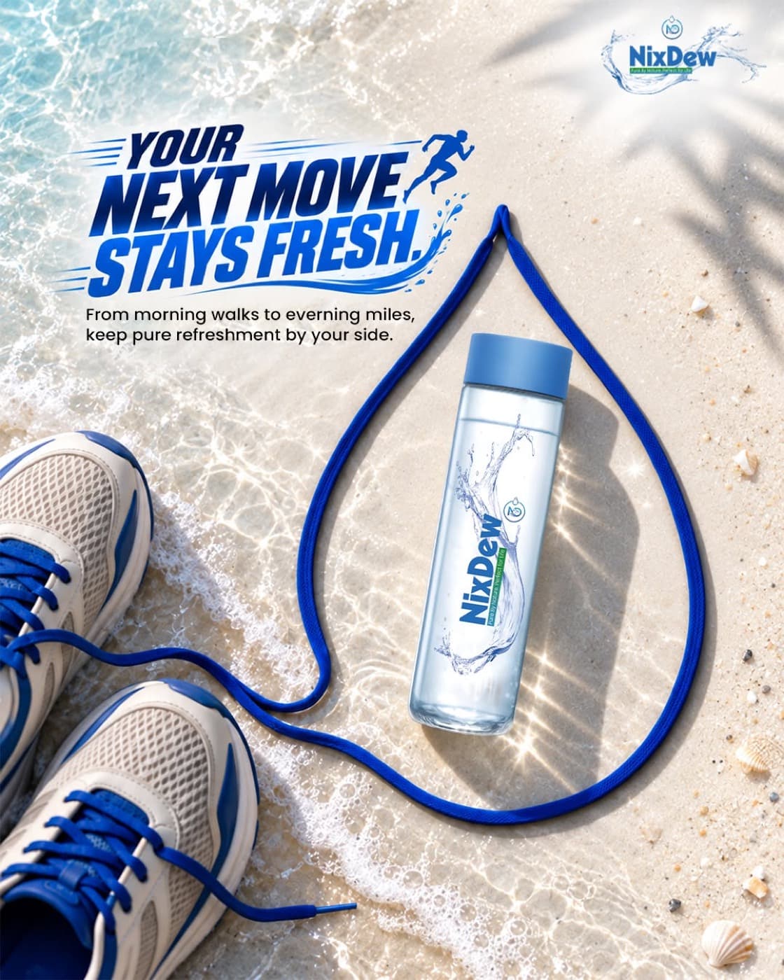 NixDew bottle with running shoes on the shore