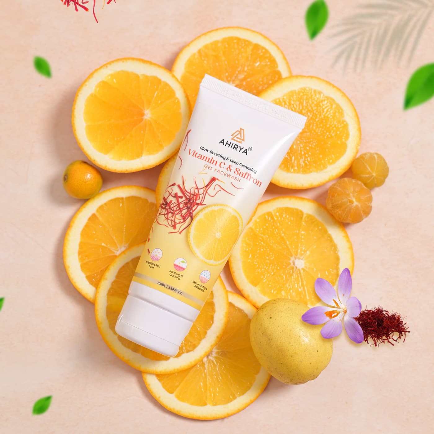 Ahirya facewash surrounded by oranges